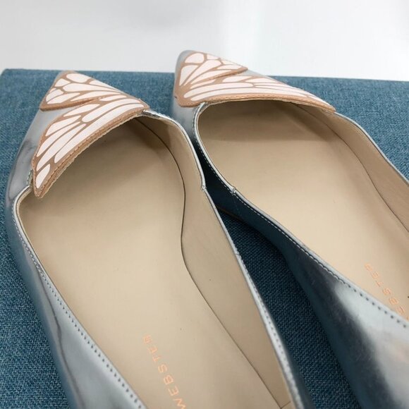 Sophia Webster Bibi Butterfly Silver Metallic Patent-leather Point-toe Flats 6.5 - Picture 8 of 16